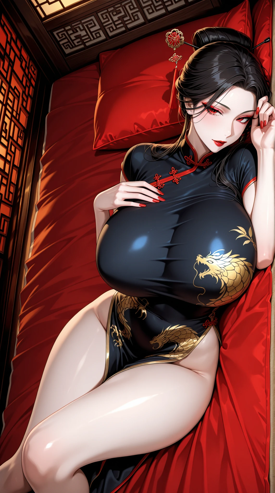 Cute desert princess, Standing at the edge of a pond in China, There was a noble dragon at his side., A cheongsam that is elegant and strong., The glow of the moon at night, (The face is detailed., Beautiful, round eyes, Long eyelashes, plump lips, little jewelry, Long, flowing black hair) ,movie elements, Highest quality