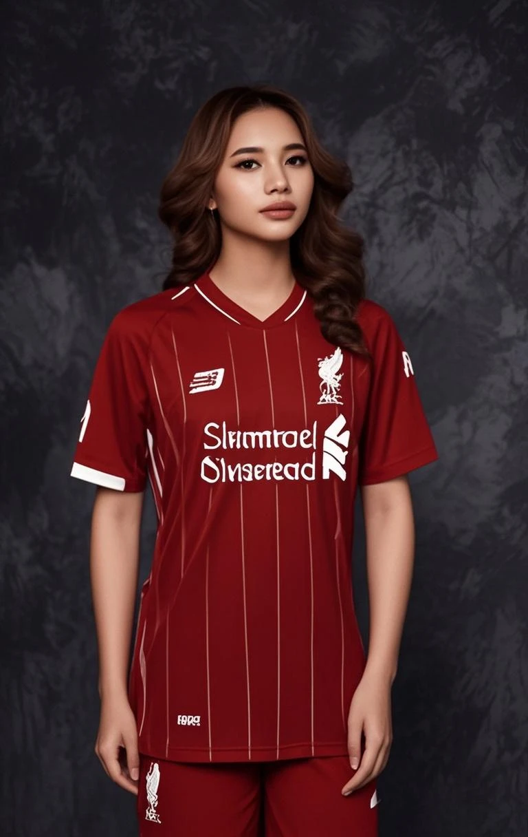 Uma mulher, vestido uma camisa do time do liverpool, usado calcinha de cor vermelha, corpo perfeito e sexis 