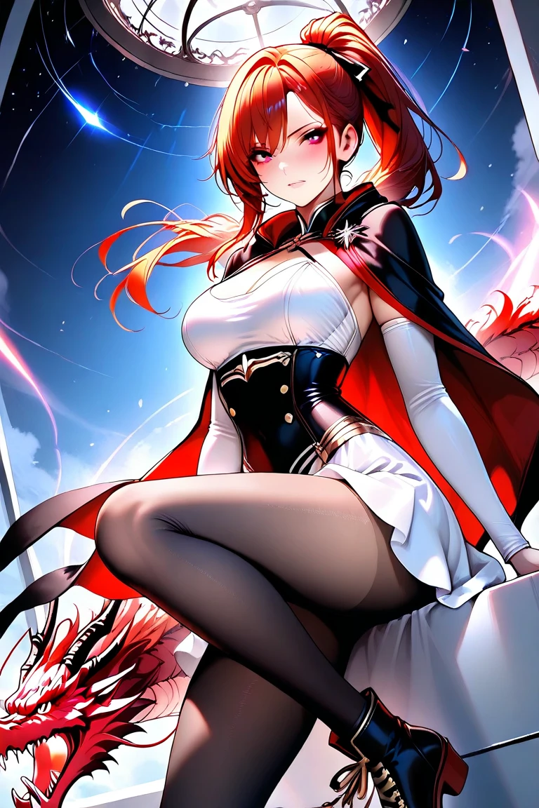 ((masterpiece)), ((best quality)), 1girl, long hair, big bust, very long red hair, yellow eyes, transparent clothes, ((white clothes)) rain, wet, on knees, exposed skin, ligerie, ((sexy pose)), white clothes, without pants, fishnet stockings, jewels, ruby earrings, good anatomy, red gloves, boots, heels, evil, emotionless, intimidant, bloody, ((beautiful eyes)), dark background, close up, ((detailed eyes)), beautiful eyes, hair bang, frontal look