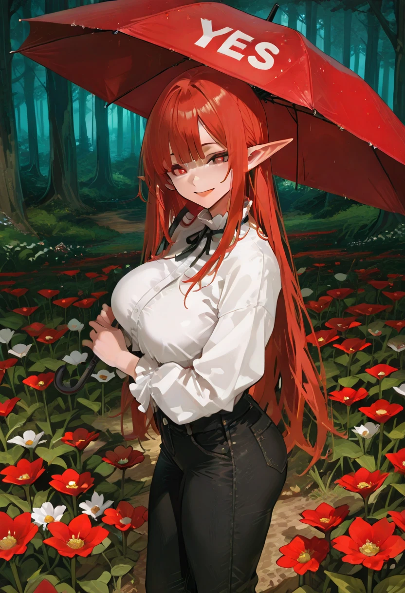 Realistic and detailed image of an elf. Dressed in a cardigan coat and baggy t-shirt. Pleated plaid mini skirt. Unusually shiny long silky scarlet red hair. Green eyes. She has earrings and long eyelashes. Has full lips. Large breasts, slim waist, very wide hips and thick thighs. Sleepy. Arched back. Ambient lights. Sitting near a lake. Leaves falling all around.