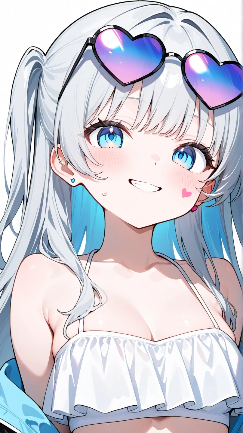 beautiful cute girl,(Bluelight silver hair:1.2),,(Lightgreen eyes:1.2),((Flower summer shirt:1.2)),((Magazine cover:1.0)),((lace:1.2)),(open your mouth:1.1),smile,close-up Face