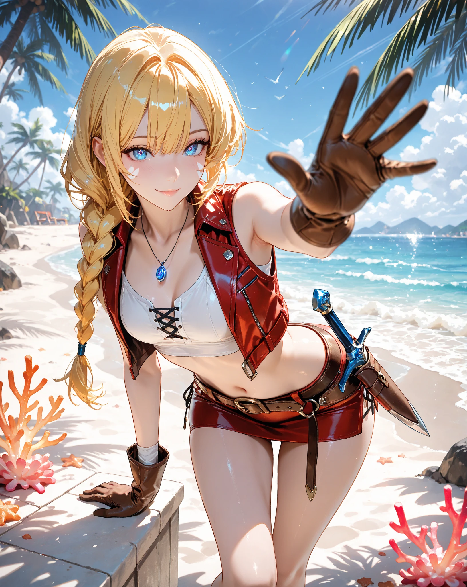 Steppiece, Best Quality, Ultra-detailed, Absurd, Portrait of cute android18DB, Realistic face, Solo, earrings, Jewelry, , brave, Eyeshadow closed, the beach, gloves, Necklace, Rock, Standing, fighting position, Volumetric lighting, Best Quality, masutepiece, Intricate details, tonemapping, Sharp Focus, Hyper Detailed short pants sleeveless