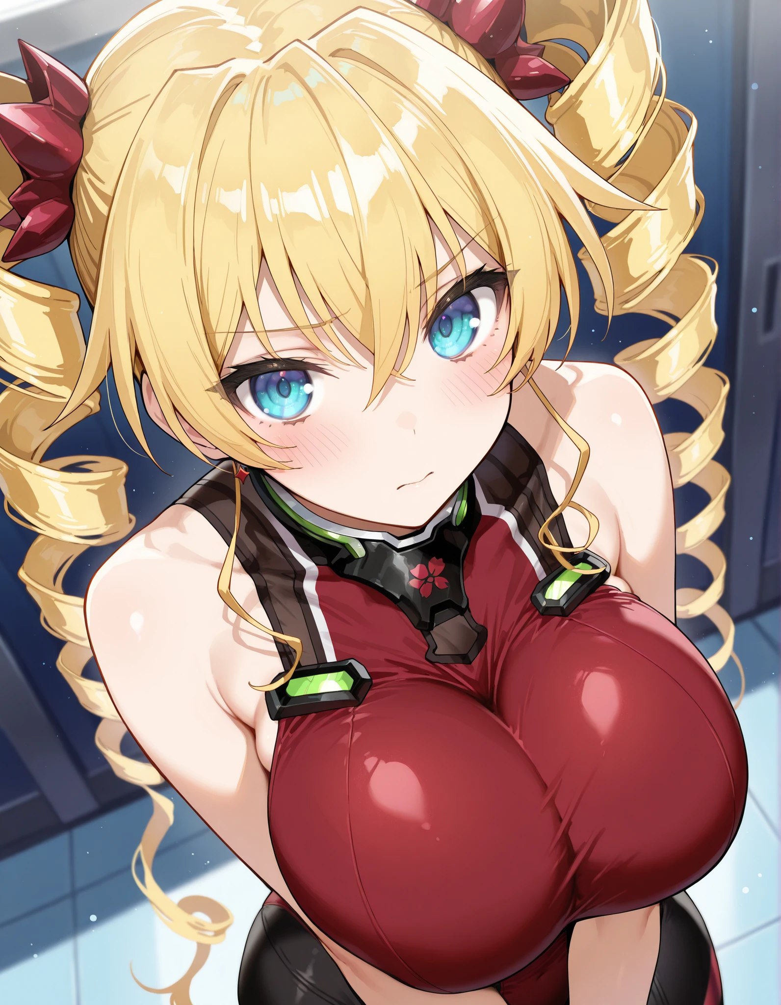masterpiece,perfect anatomy,high resolution, ultra-detailed,beautiful detailed eyes,dutch angle,absurdres,claire_harvey, 1girl, solo, long_hair, blonde_hair, huge_breasts, blue_eyes, drill_hair, twin_drills,red leotard,blush,looking at viewer,from above,breasts, focus,v arms,