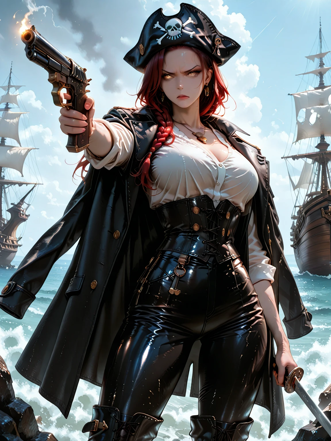 Hot young woman, long red hair, ponytail, admiral's uniform, many nautical tattoos, black make-up, high boots, high quality, best quality, high details, blue eyes, perfect body, The battle between two battleships can be seen in the background, navy, guns fireing, masterpiece, multilayer, angry eyes, huge tits, seductive