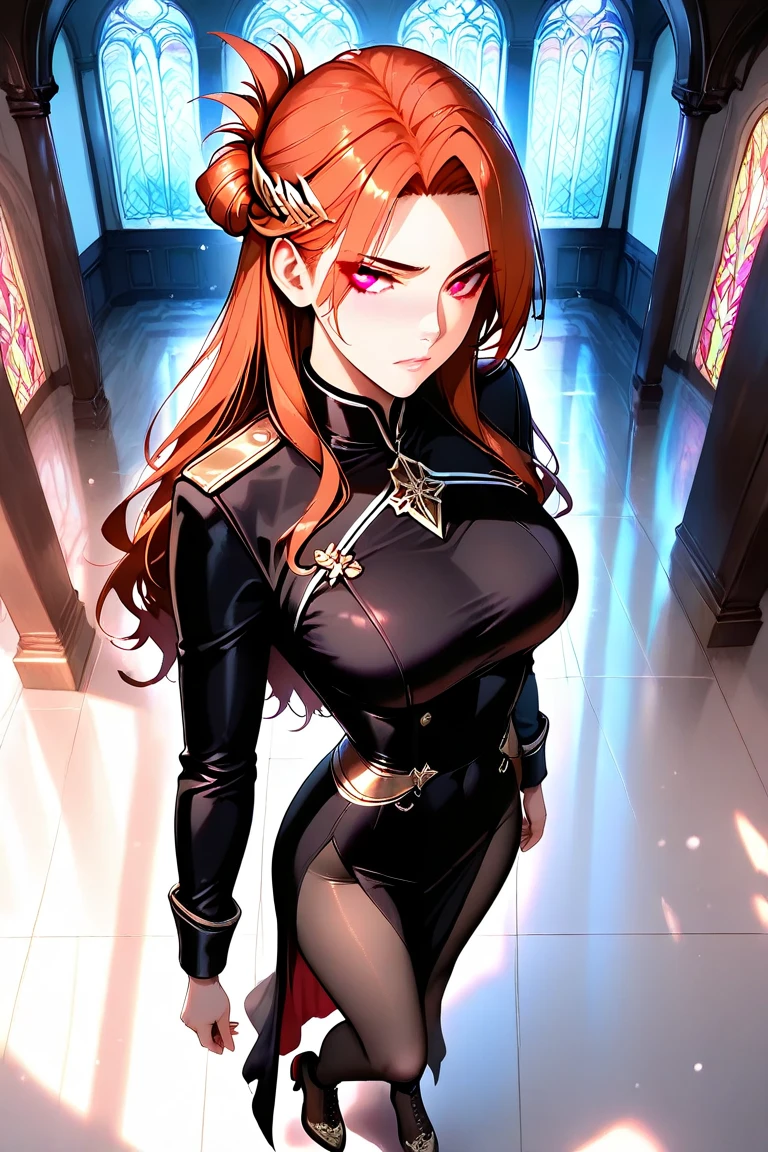 (best quality:1.5, highres, UHD, 4K, detailed lighting, shaders), red curly floral haired, gradient hair, large breasts, suit, T-shirt, social shirt, short skirt, mature woman , (pov), white background, colorful eyeshadow, dramatic lighting, sparkling eyes, sensual expression, golden earrings, flowing hair, delicate facial features, brown skin, high cheekbones, urban setting, black background, dont look for the camera, lean forward, behind the camera