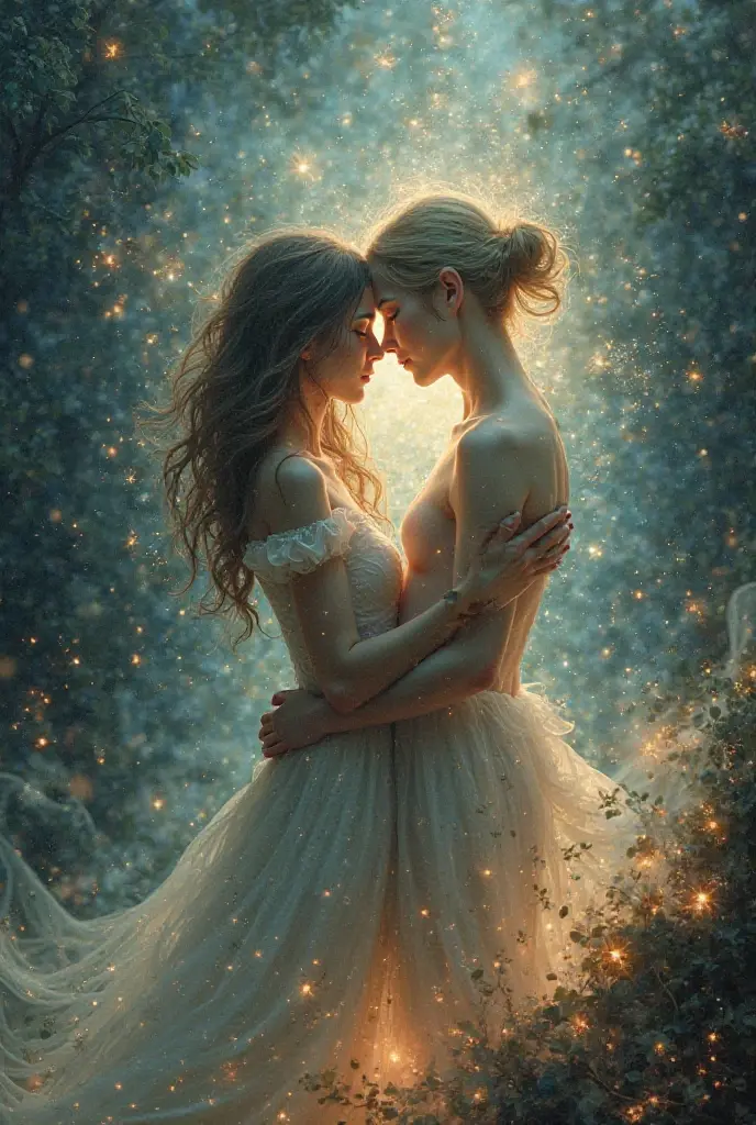 A woman embracing a mirror, in the reflection can be seen, with flowers blossoming from her body and magic all around her 