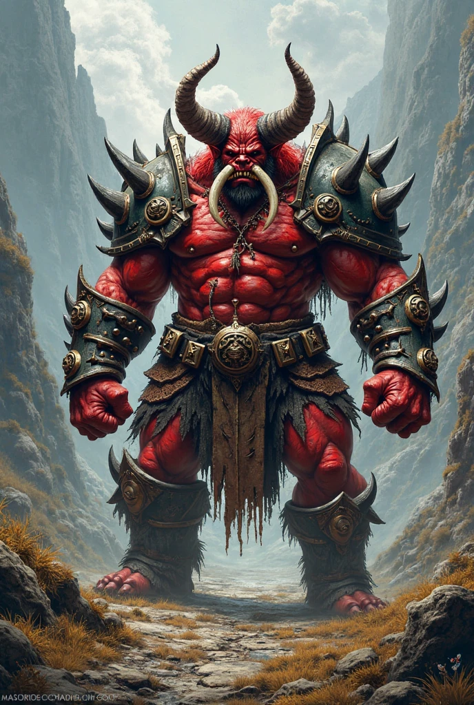Create an image of an ogre standing approximately three meters tall in a vivid red grassy field. The ogre has a physique resembling a heavily trained bodybuilder, with prominent, well-defined muscles that flex and move with every motion. Its skin is a bright, blood-red color, reflecting intense violence and brutality embedded in its very cells.
The ogre’s face is sharp and menacing, with small, fierce eyes that convey aggression and rage. It has four pairs of sharp tusks protruding from its lower jaw—two on the left and two on the right—extending outward and slightly upward from its mouth. These tusks are long and pointed, adding to its fearsome and dangerous appearance.
The most striking feature is the pair of large, curved horns protruding from the sides of its forehead. These horns extend backward from the forehead, curving smoothly and sharply over the head, ending well past the crown in a graceful yet menacing arc. The horns appear to be forged from steel, with a robust and slightly curved shape, enhancing the ogre's imposing and formidable presence.
The ogre wields a massive wooden hammer that looks capable of crushing anything in its path. Despite its enormous size and heavy appearance, the ogre holds it with ease. The hammer shows signs of extensive use, with cracks and wear on its head, adding to its menacing aura. The field of grass around the ogre is a striking red, providing a dramatic backdrop that contrasts with the ogre’s bright red skin, emphasizing its intimidating presence in this surreal environment.