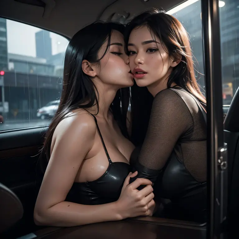 (best quality,4k,8k,highres,masterpiece:1.2),ultra-detailed,(realistic,photorealistic,photo-realistic:1.37),intense kissing,passionate kisses,rainy night,aggressive,sexy,showering rain outside,car interior,two young women,tight embrace,passionate lips touching,embracing each other,deeply in love,tangled in desire,wet hair,moist lips,pulsating desire,seductive aura,heat rising,steamy windows,blurred city lights,entwined tongues,twisted passion,wild romance,ferocious connection,unabashed desire,sensual curves,pleasure in darkness,foggy car windows,seductive ambiance,breathless kisses,sensuous atmosphere,erotic energy,erupting passion,uninhibited emotions