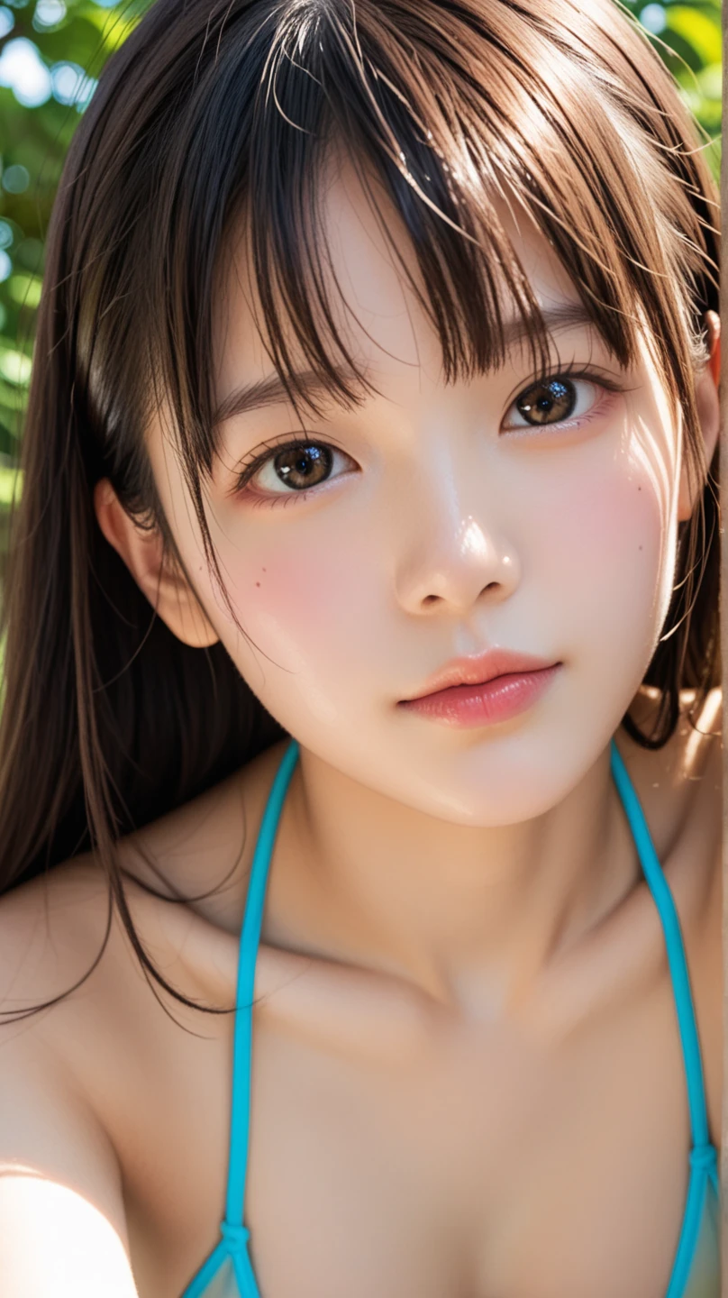 ((Detailed and realistic faces)), (10 years old), 1 person, girl, (Baby Face:1.2), (Very thin body:1.2), (Small breasts), Beach, (nude), Bob Hair, (Brown Hair), ((Expressions of Ecstasy)), (Open your mouth), (No makeup), ((Place your hands behind your head)), Raise the hand, sit