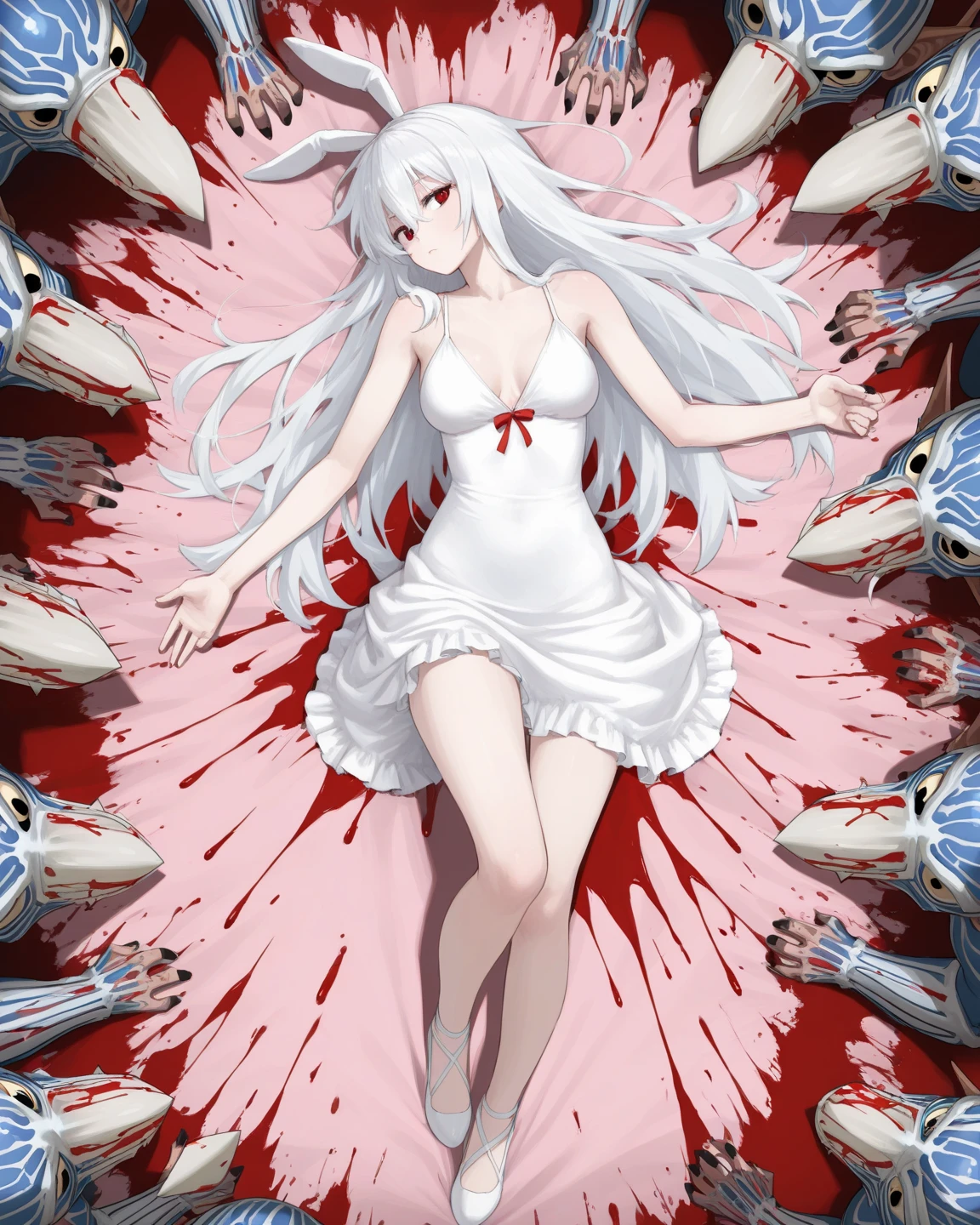 1 girl ,alone,Big head,Hakurei Reimu,Milky white liquid ejaculated,Bloodshot eyes,There a knife in hand,There blood flowing out from the corpse around you,There blood on the mouth,blood spatter,maniac,Blood-colored pupils without protruding pupils,covered in blood,barefoot,wet