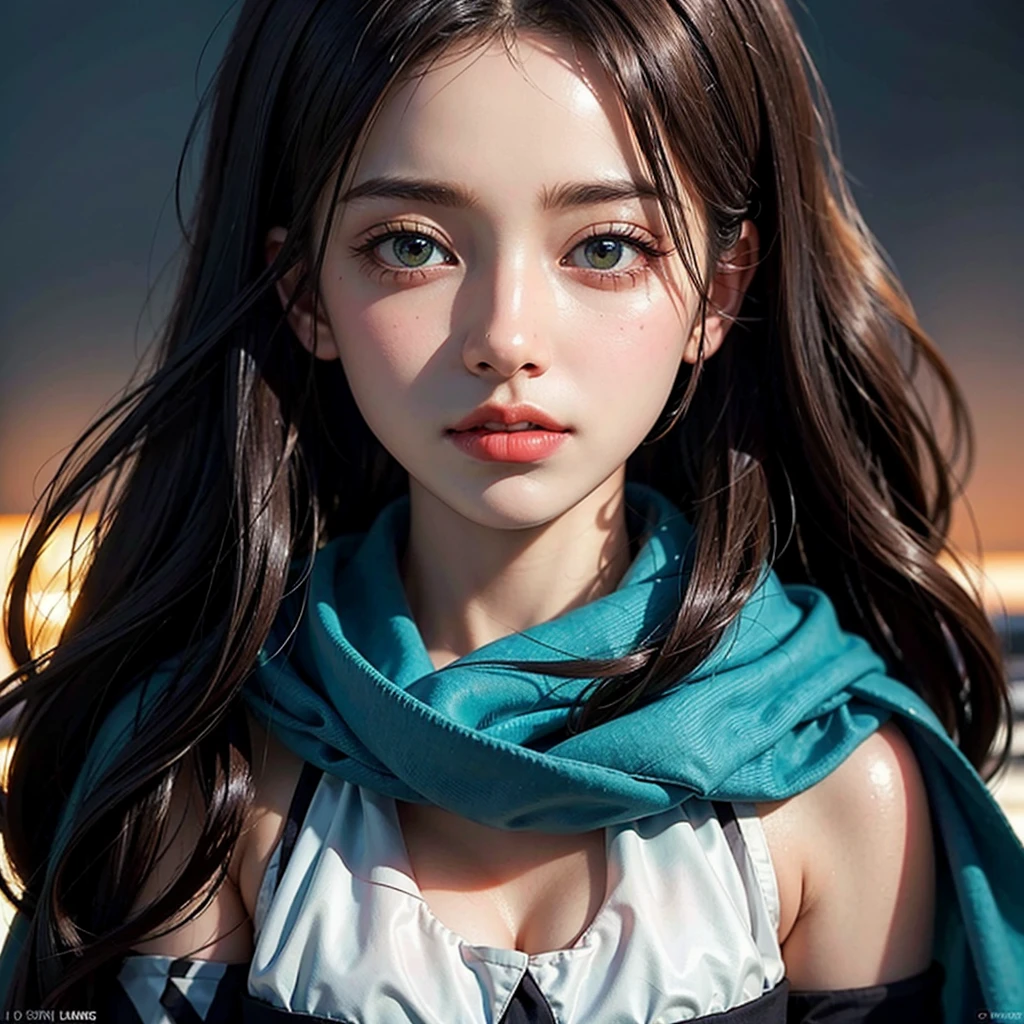 Best quality, masterpiece, ultra high res, (photorealistic:1.4), raw photo, 1girl, offshoulder, in the dark, deep shadow, low key, cold light, at the Terris clouds visible
