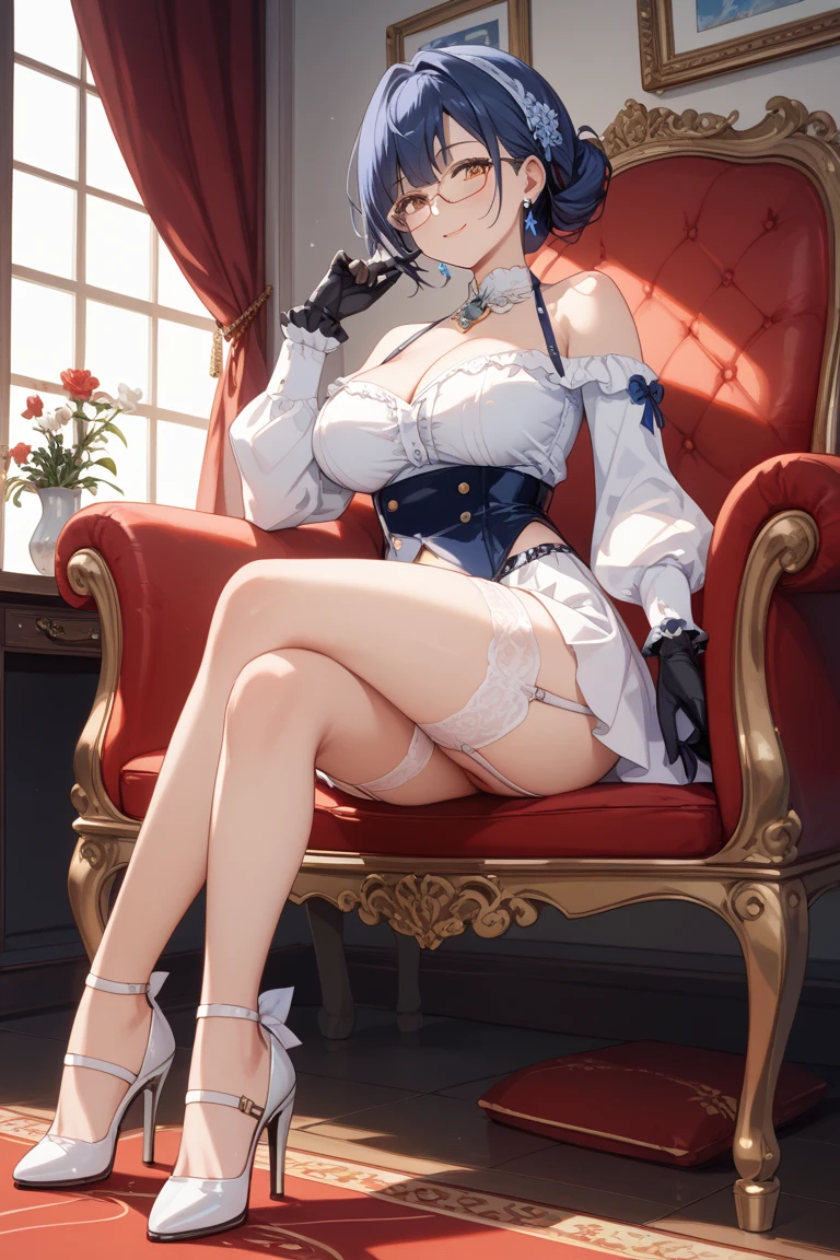 (White high heeled boots+Purple colored hair:1.2), Full breasts