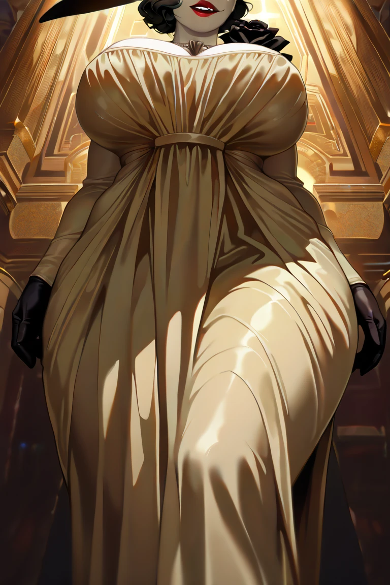 (best quality:1.2), beautiful, perfect eyes, perfect face, very tall, mature woman, pale skin, white dress, black hat, yellow eyes, short black hair, lady dimitrescu,re8dmtrsc, red lips, mouth closed, jewelry, (((giant breasts))), sexy pose, from below, dark mansion, dramatic lighting, looking at viewer, cleavage, long sleeves, thick thighs, curvy, short hair,