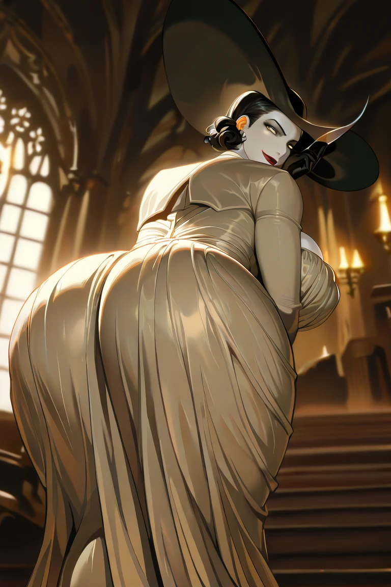 score_9, score_8_up, score_7_up,SOURCE_ANIME,SOURCE_CARTOON, masterpiece, rating_explicit, 1futa,Alcina Dimitrescu ,female, mature, medium hair, pale skin,blush, blue eyes, brown hair, red eyes, gloves, hat, jester cap,CLOWN, WIDE THIGHS,FIT,FIT BODY,ABS,MUSCLE THIGHS, HUGE PENIS,FORESKIN, huge balls, big balls, pubic hair peek, pubic hair, armpit hair, steam, steaming body, sweat, sweatdrop, sweating, sweaty body, ((GREY SMEGMA)),POV,
