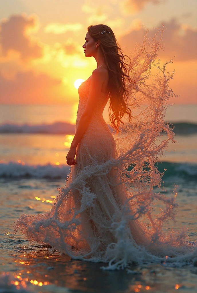 (realistic photo:1.37), Summer sea evening sunset, Sunset overlap the person, The sunset is reflected on the sea surface, (Dazzling sunset:1.4, beautiful evening sunset:1.3), (2 womens, Back view of two women on the beach), (((Holding hands and looking beyond the horizon))), (Lens Ghosting:1.5, lens flare:1.2, Octagon-shaped lens ghost), Fiery Horizon, (Silky platinum blonde Hair:1.2), (The other one woman ultra Shiny straight black hair:1.3), ((Natural backlighting:1.4)), ((one woman wears lace tiered mini skirt and sheer white Summer clothes)), ((The other one woman wears a sheer tulle skirt and Sheer Summer Dresses)), ((full body view:1.2)), Slightly slimmer body, Realistic Skin,
BREAK. masterpiece, ultra high resolution, high definition RAW photograph, Highly detailed CG, best quality, 4K, perfect anatomy, perfect proportions, Romantic Landscape, Sparkling sea, Accurate limbs, Back blur, Hand details, finger details, erotic body