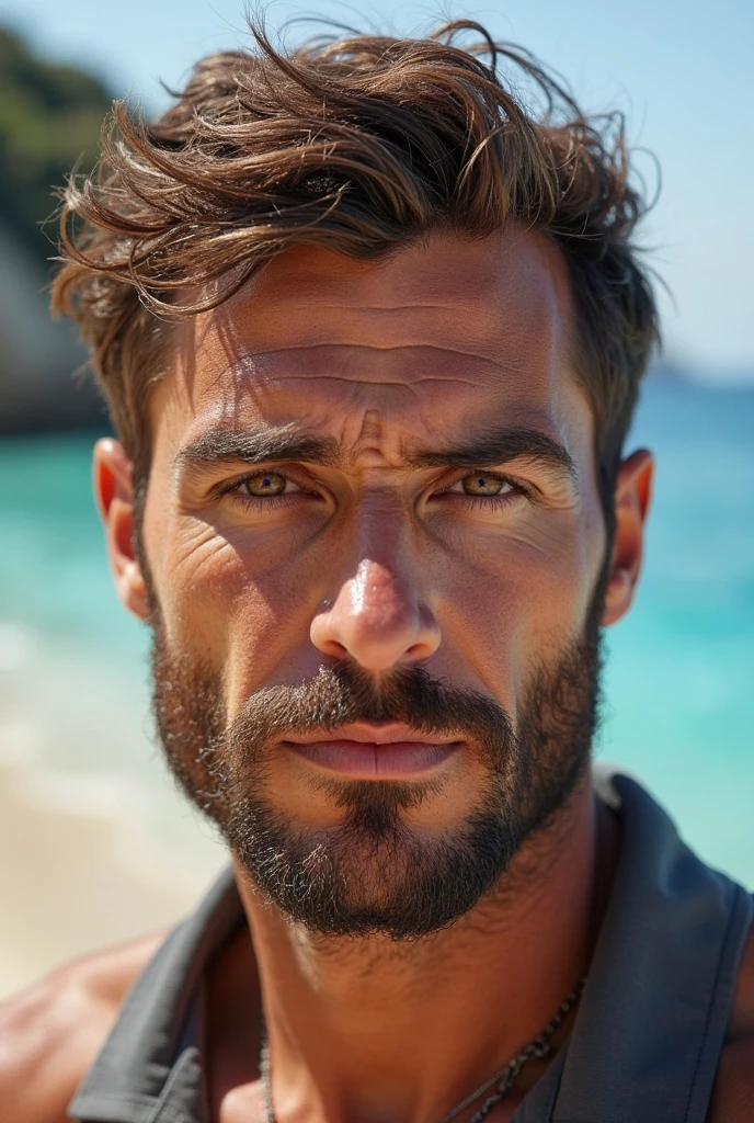 Create a realistic photo, typical Spanish man with a beard and mustache, very handsome man with a charming and deep look, green eyes, brown hair, ((full body)) hyper realistic photos, dressed in colored swim shorts blue, lying on his stomach, on the beach background image: the beach with people around, head to toe, full body, hyper realistic photo