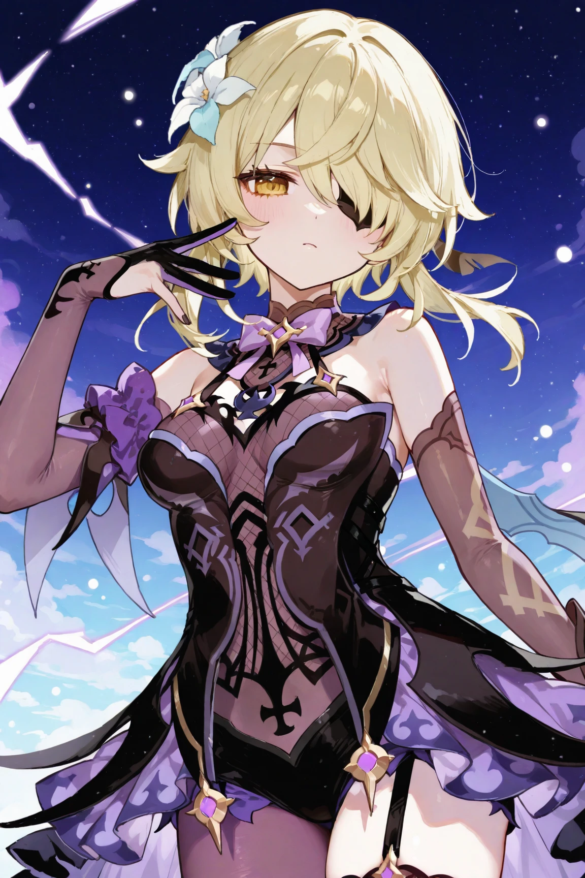 Woman 170cm tall, big chest, wide hip. (character design sheet: front view). (blonde hair, hip length curly wavy hair, It's set in big side bangs., She has a short double braid tied with an elegant purple bow on the left side of her hair above her chest. She has a short double braid tied with an elegant purple bow on the right side of her hair above her chest. She has small ribbons in the back of her hair.). Gray eyes with a purple 4-pointed star in the pupil. Two black and purple serval ears located on the top of the head. Luminous black halo with purple star patterns above his head. black necklace with a heart emblem on the neck. (Elegant one-piece long dress with lace and ruffle skirt, ribbon decorations and star patterns on the dress). black gloves, beautiful black platform heels. gray belt at the waist with a large ribbon with a luminous pink heart in the middle. He has a complex demon tail with a small purple star on the tip.. (It has complex mechanical legs that reach up to the thighs and are black with small purple details.). beautiful detailed hair, beautiful detailed dress. extremely detailed arms. extremely detailed face, small face, Beautiful detailed eyes, beautiful detailed lips. adorable. extremely detailed legs. (Best Quality, 4k, 8k, high resolution), ultra detailed, Exquisite and epic character art.