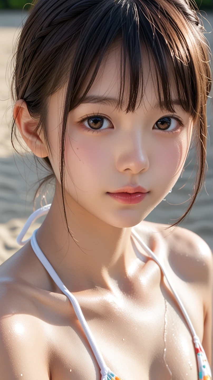 8K,Highest quality,(masterpiece:1.2),(Realistic),(Realistic:1.37),Ultra-high resolution,One high school girl,smile,((Big Breasts)),Beautiful Eyes,(((Cute Bikini))),Tropical Beach,Perfect body,Perfect Fingers,Professional Lighting,gravure,Detailed face and skin texture,fine grain,RAW Photos