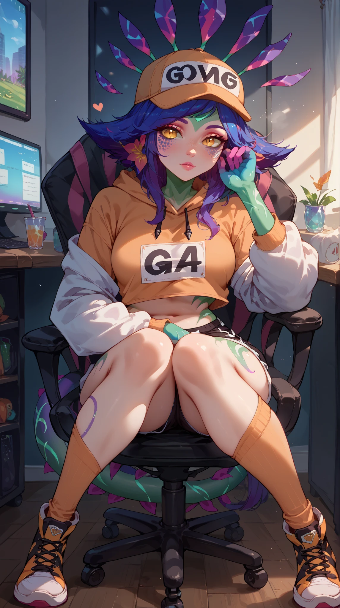 score_9, score_8_up, score_7_up, Sera, anthro avian girl, mature adult, all black feathered body, black hair with purple highlight, jitome, expressionless, purple eyes, eyes half open, wearing black emo top, exposed shoulder, black short shorts, hourglass figure, in a living room, lying on a couch,