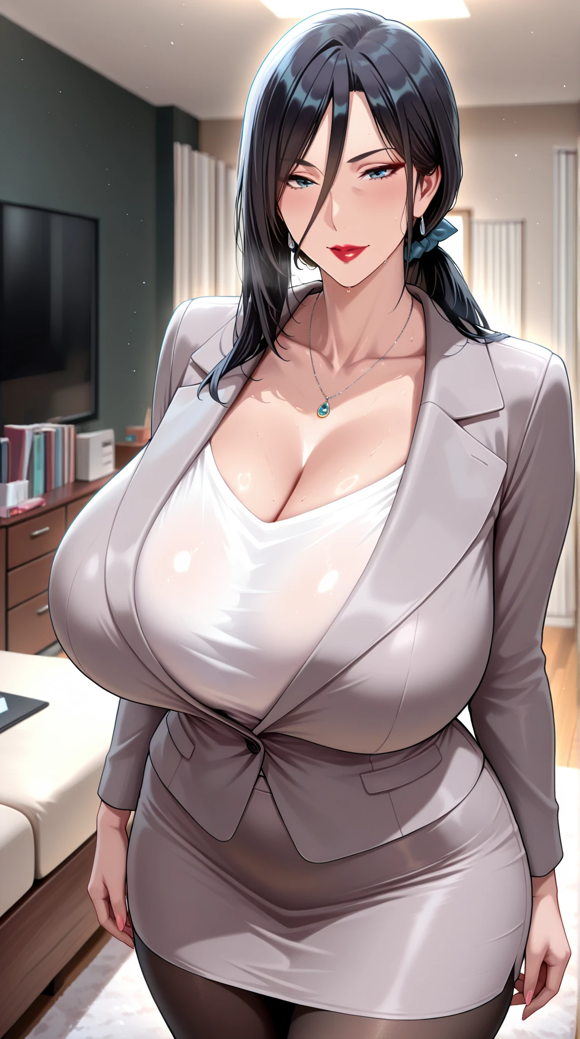 (On the table:1.2), (Best quality at best:1.2) s the perfect face, 1 girl in, in a panoramic view, Wide hips, 's plump lips, Large breasts, Soft belly, Long eyelashes, mature, Female office staff, curves,