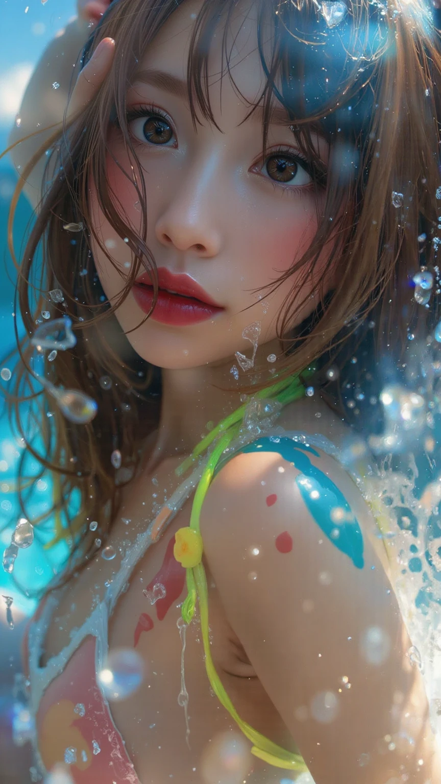 woman in a all colour dress is sitting in the water, expensive dress, long sleeves, closeup fantasy with water magic, beautiful maiden, wearing a dress made of water, dripping wet, in water up to her shoulders, beautiful realistic painting, nymph in the water, hyperrealist portrait in a river, hyperrealistic fantasy photo, splashing, v neck, cute shot, narrow depth of field, 8k, nsfw, drenched, ((soaked)), dripping water, dripping oil, heavy clothes, soaked in oil, wet all over, rouge lipstick, wet dripping hair, varied poses