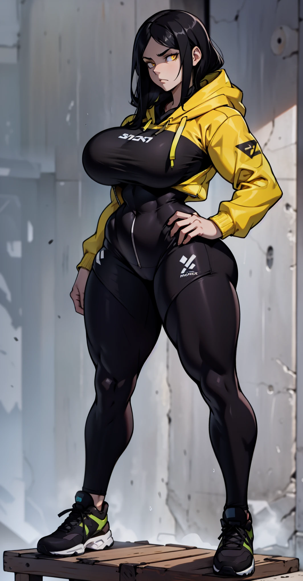 girl solo standing (((muscular girl toned body large breasts thick))) yellow eyes black hair pale skin perfect anatomy perfect anatomy perfect anatomy best quality best full body