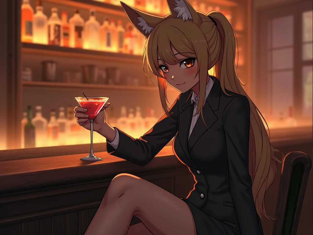 Highest quality, Highest quality, High quality illustrations, masterpiece, Ultra-high resolution, Detailed Background, bartender, bar, Cocktail, Absurd, Perfect Anatomy, Performance, Good lighting, Shadows in the movie(kemono, Furry Personification)Dynamic Angle, Rubber suit, ラbarスーツ, latex, Earrings, Bunny Suit