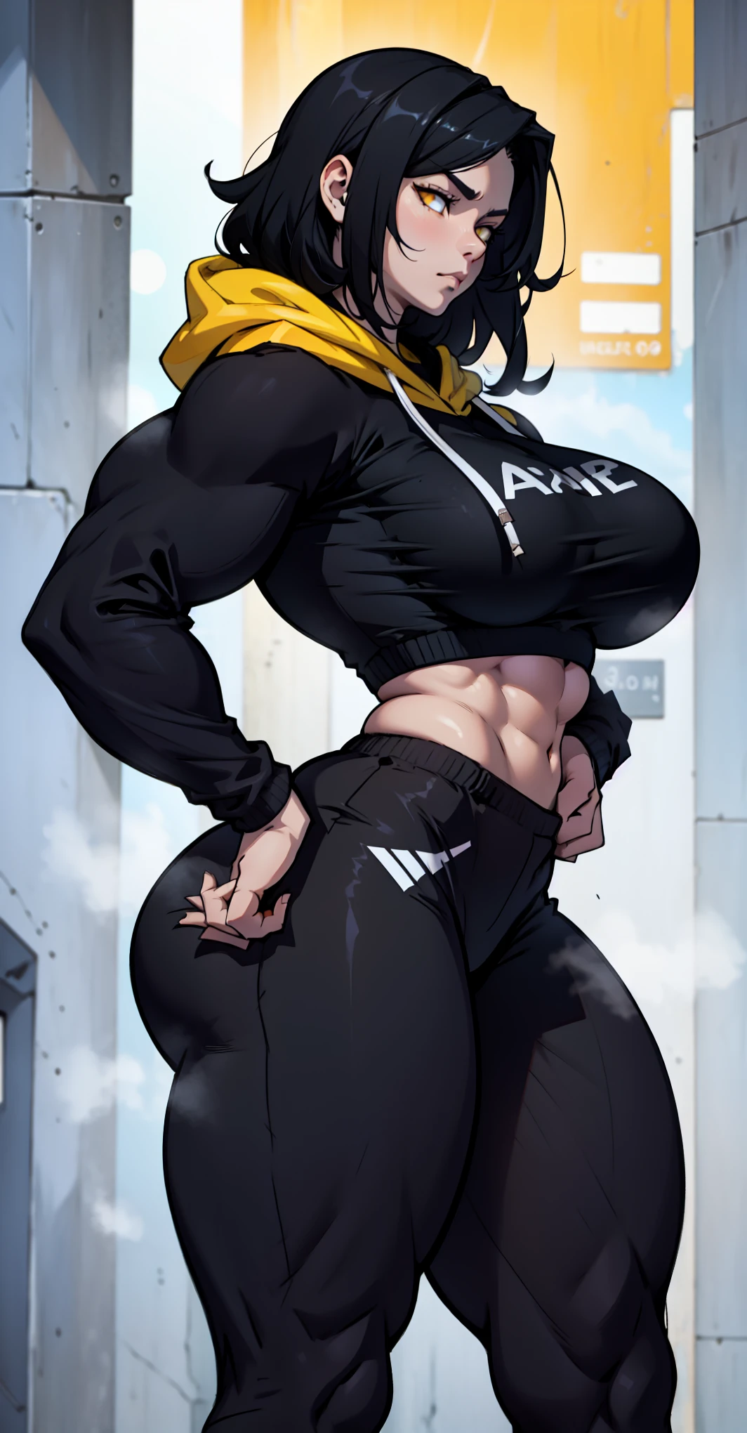 (((Close-up))), tall, (black hair) beautiful muscular woman, long straight hair, light brown skinned, large breast, closed smile, (black lipstick), (massive muscles), (hyper muscle), ((ginormous bulky muscles)), orange eyes, ((((black long sleeve hoodie)))), (((jogging pants))), choker, sneakers, (in a night town),