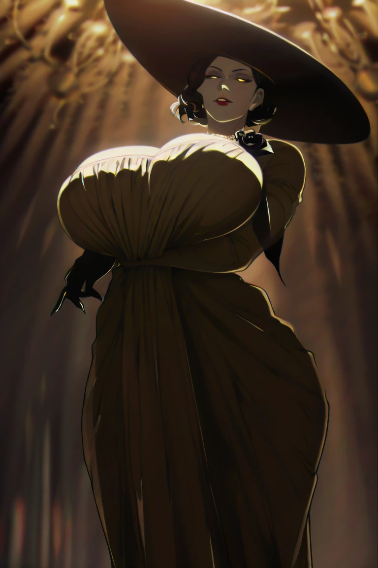 score_9, score_8_up, score_7_up, mns-pose, alcina dimitrescu, yellow eyes, pale skin, short hair, black sun_hat, long eyelashes, evil smile, half-closed eyes, white dress, 1girl, solo, looking at viewer, looking down, from below, upper body, close-up, breasts, breast focus, simple background <lora:yur oc like this (meme) Concept v1.1 LoRA_Pony XL v6:1>