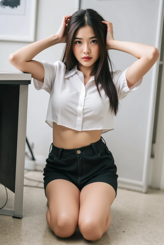 (master piece:1.2),(8K high quality), (highest quality), (RAW image quality),, (Reality), (It&#39;s photorealistic:1.37), large eyes,long eyelashes,Precise action and realistic style）,ultimate face,It&#39;s photorealistic, light and shadow,clear facial features,milky white skin,fair skin, glossy skin, high detail skin,Reality skin details,visible pores,（super detail）,,best portrait,Photographed from a distance, only one girl, cute type,beautiful detailed eyes, beautiful detailed nose, highly detailed skin) ,(Beautiful face with double eyelids), (Realism: 1.4),,delicate and beautiful face,,25 years old,(beautiful face 1.4),slender, (Office lady wearing a shirt blouse:1.2),((at work,wide々office)),hair length is short,((Office lady wearing a shirt blouse)),very beautiful legs,(((smile at the audience)),(Sit down and show off your crotch),(wearing a short red skirt),sitting,,belly button shirt,(Show off your crotch to the viewer, I&#39;m sitting with my hands behind my back, Sit so that you can show off your crotch), Wearing white panties made of lace material