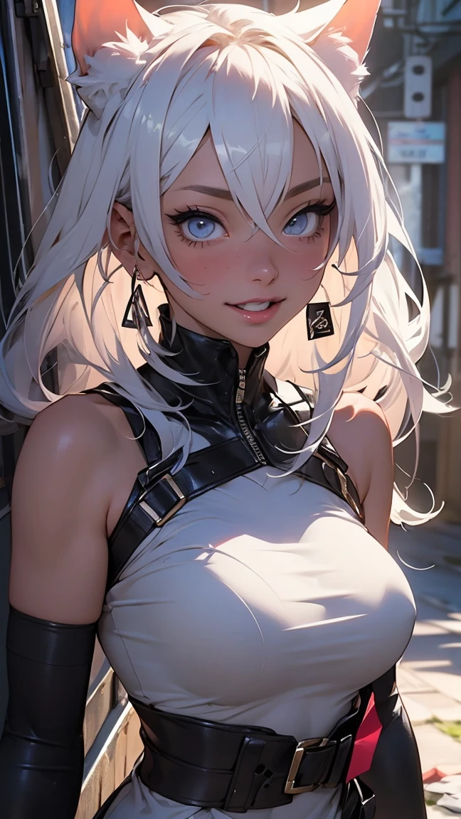 beautiful young warrior with bunny ears on her head, com rosto bem detalhado e bonito, belos olhos, belos olhos, rosto lindo, mulher jovem e bonita vestindo leggings longas com detalhes pretos, usando mini saia curta, usando jaqueta de couro preta, parado em um castelo, usando bota preta, cabelo comprido branco, ,orelhas de coelho, belo sorriso, moleca, um pouco musculoso,suter branco com cinta em volta, olhar serio,usando jaqueta de couro , jaqueta de couro
