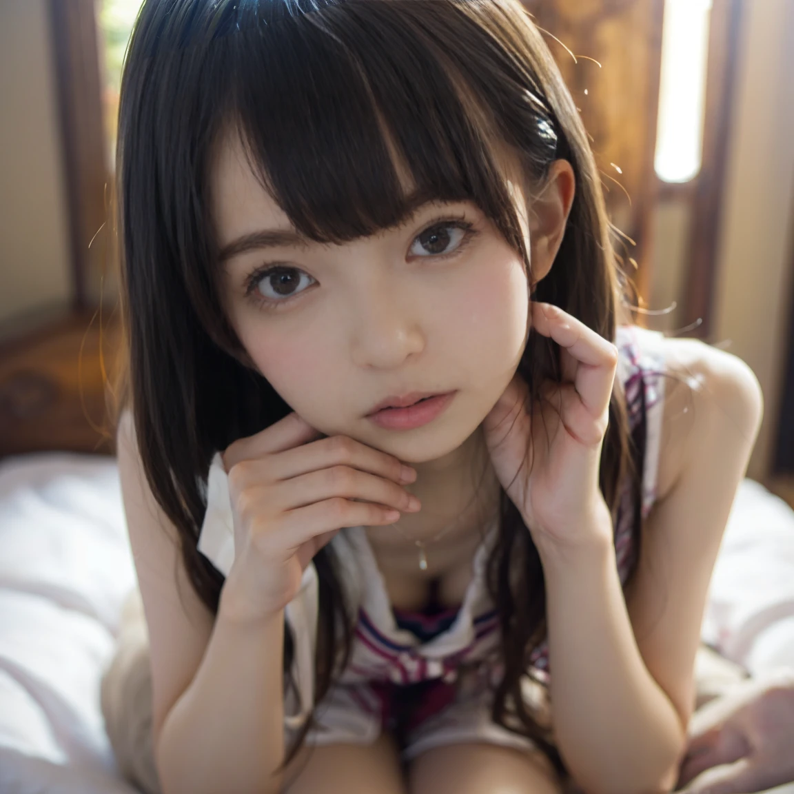 (Detailed and cute face,high qualityな瞳,Brown eyes),((Huge breasts,Ample breasts,Narrow waist,Thighs)),(Crying expression,Troubled face,blush,Staring at me,Lowered eyebrows),(Black Hair,Straight Hair,Straight bangs),(((Lying face up on white sheets,Center of screen,Raise your arms))),(masterpiece,High resolution,high quality)