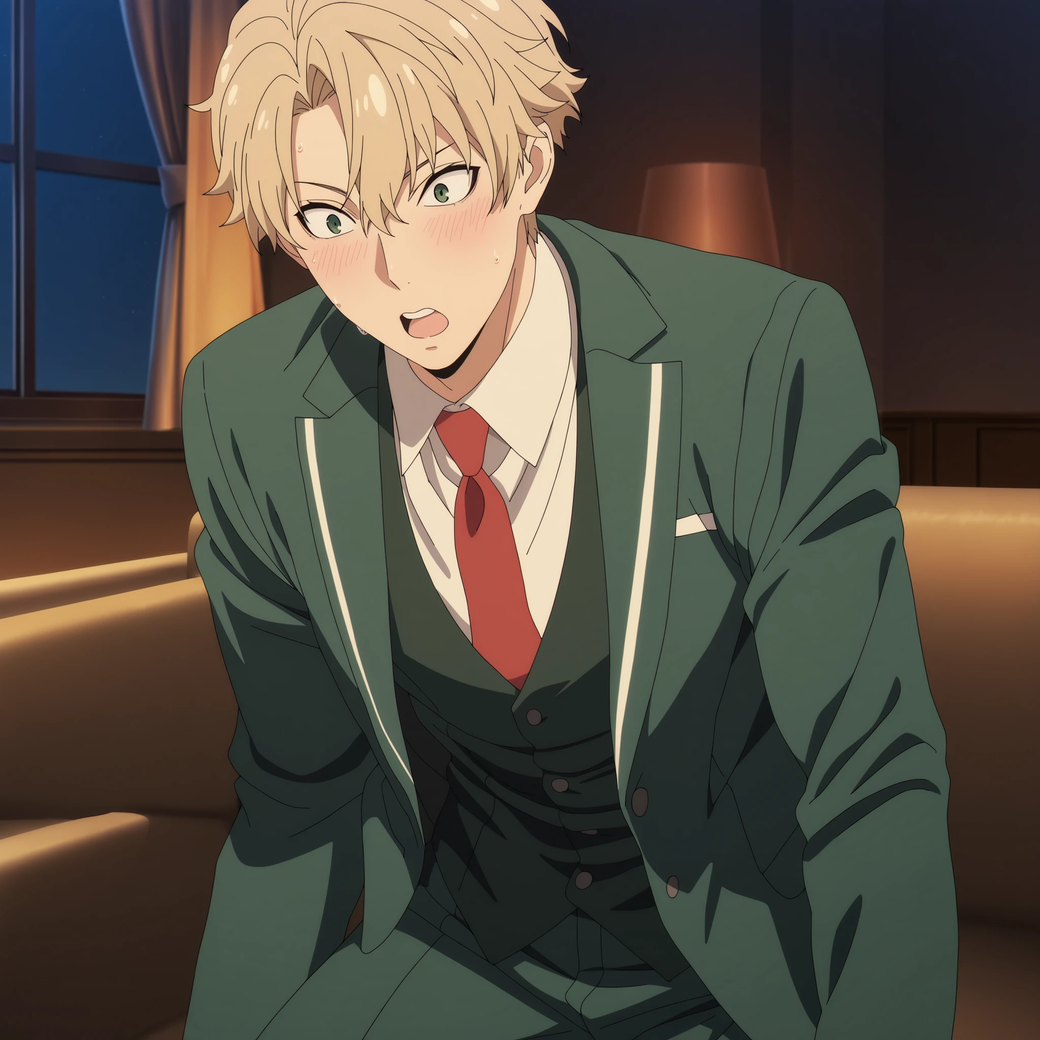 (best quality,4k,8k,highres,masterpiece:1.2),ultra-detailed,realistic,,anime,pastel colors,soft lighting,shiny skin, posing, night, warm ambiance
soufrie,,,,,,, , (1man) ,loid_forger, best eyes, white collared shirt, red necktie, dark green vest, green blazer, green pants
rezero_style, anime screencap,, ) ,
,,,,,, indoor, ,,, living room, , ,,, , , surprised, blushing, sweat