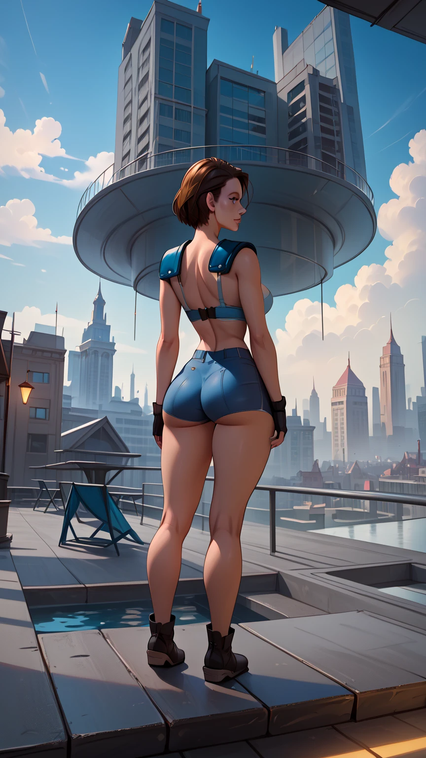 giantess art, giantess, crop top, jeans, hands raised, laughing, frowned eyebrows, runied, middle eastern city, mosque, blue colored short hair, smoke, sandstorm, (((towering over you))), (full body), feminist, white