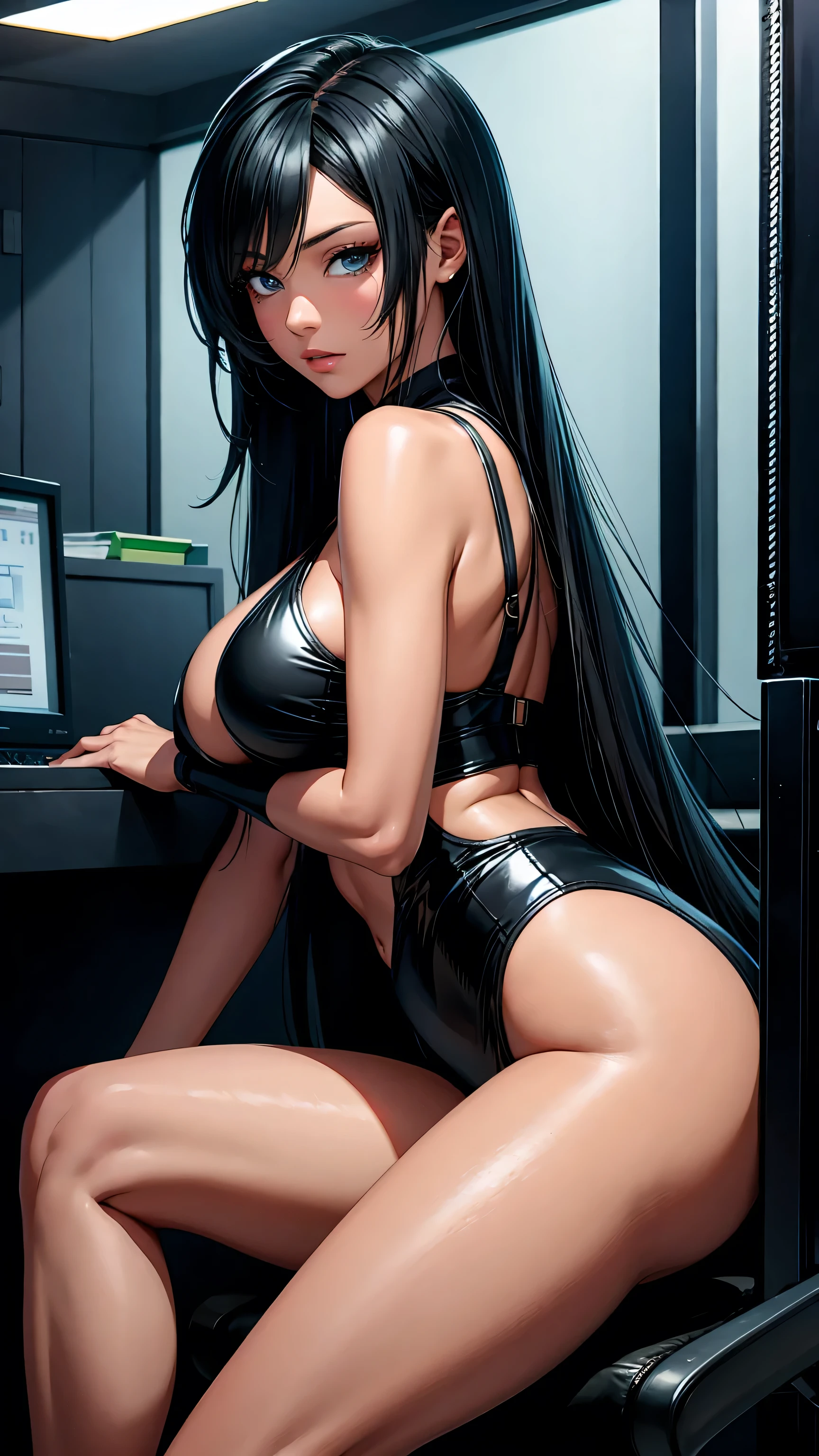 streaming, gaming, femme fatale bodypaint, dark long wavy hair, revealing top, earphones, fake clothes, tattooed totally naked, bodypaint , custom fake clothes, naked covered bodypaint, bodybuilding, stunning sexy, slluty chic , solo, huge neckline, wide hips, muscular, microphone, beautiful, large hair, almond eyes, detailed beautiful large gaming monitor, bookcase filled with games, dim lightening, seductive smile, video game controller, plush chair, explicit, 🥵🧀realista, muy detallado, estación de arte, tendencias, obra maestra, rostro realista, piel realista, ojos detallados, excelente obra de arte, ultra renderizado realista n-9, 4k, 8k, 16k, 20k