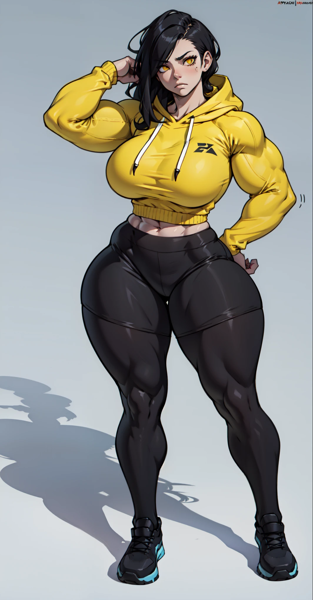 massive breasts huge muscles muscular girl toned body bodybuilder grey background full body leggings tight shirt black hair yellow eyes pale skin long hair thick thighs thick thick thick thick tight long sleeve facing the camera
