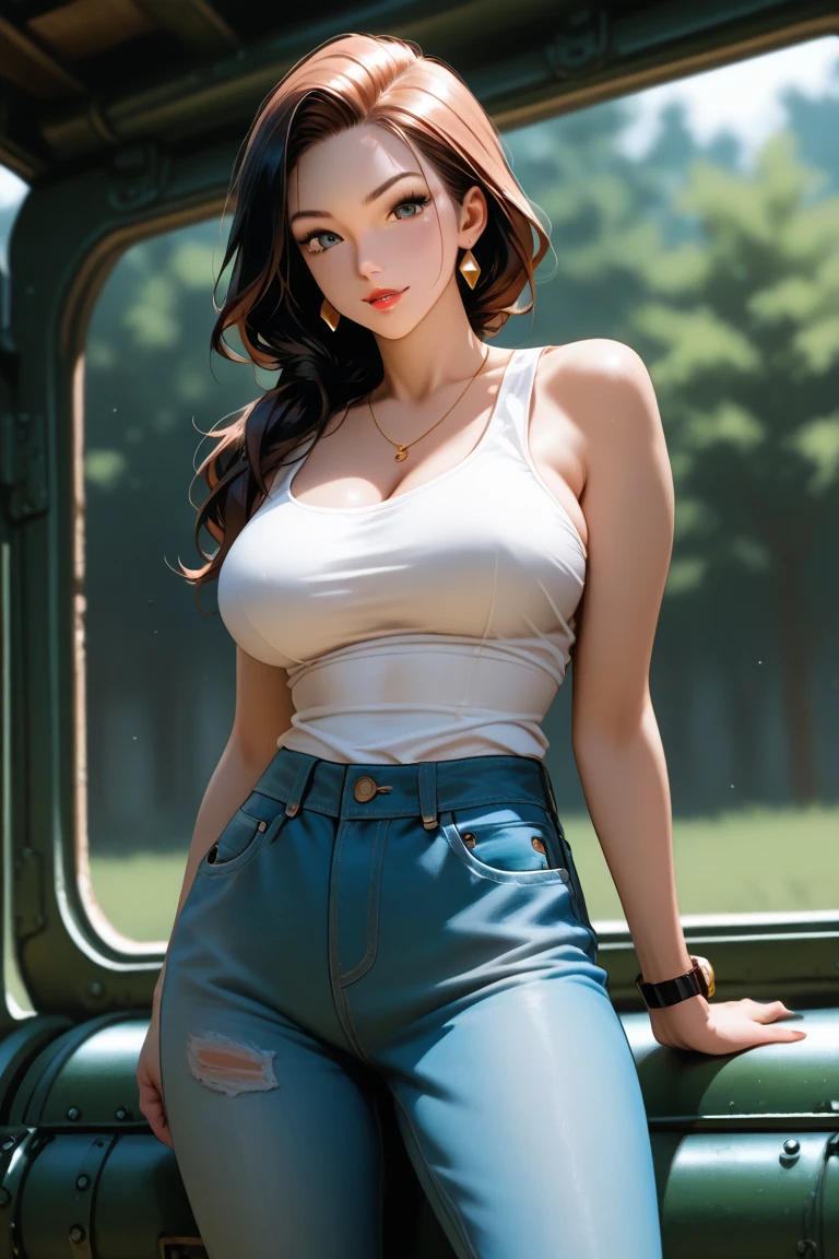best quality, Masterpiece, teenage girl, Hair is braided in a single dark brown braid., blue eyes, beautiful face, gold jewelry, sweet lips, vintage shirt, open shirt, bare chest, big breasts, Beautiful belly, Blue shorts, sexy, leaning against car, full body, lush greenery, CG Highly detailed, Very beautiful and elegant,very detailed eyes, Fine texture, Detailed fabric, Beautifully detailed face, complicated details, Special details, 3d, 30k, movie theater light, Stunning light, shallow depth of light, Beautiful clothing details, Highly detailed, UDR, Sharp focus, Physics-based rendering