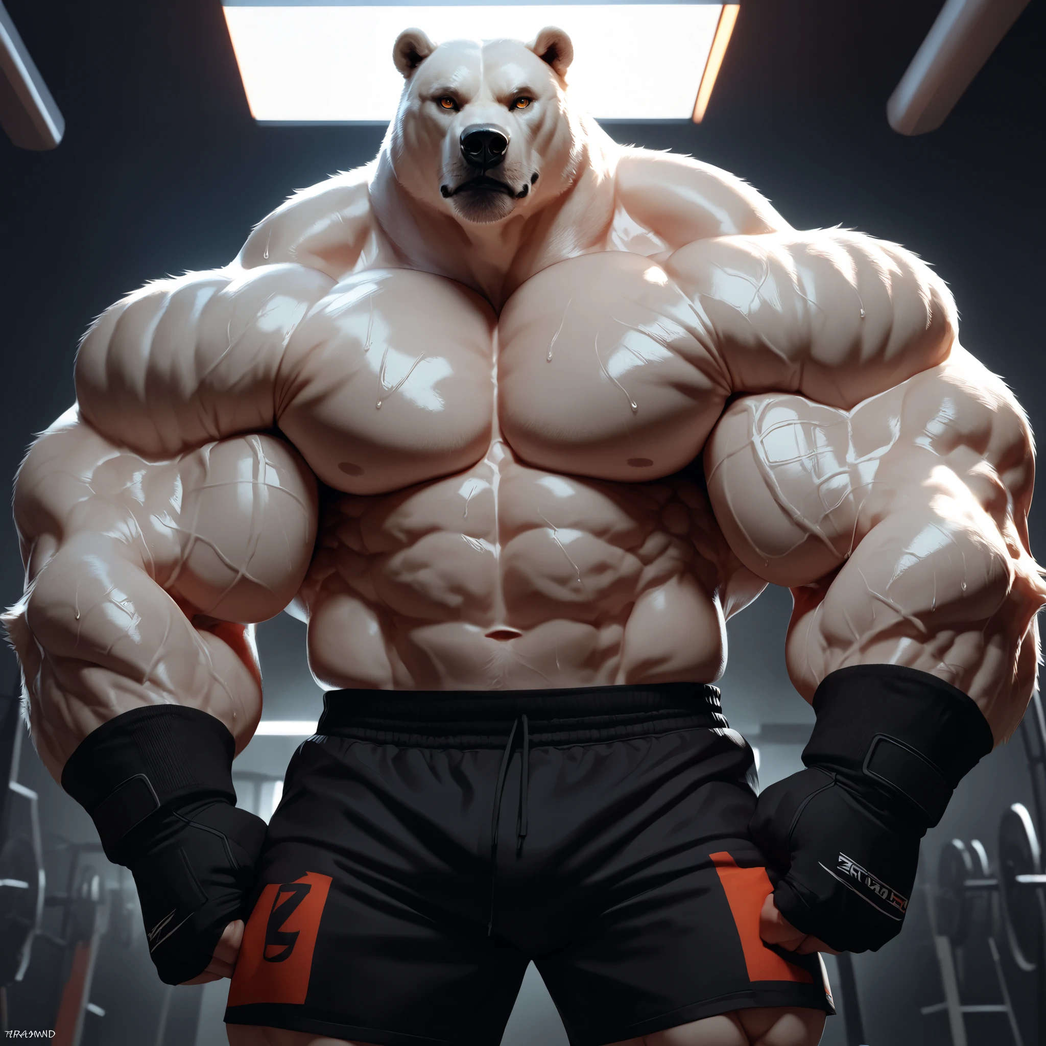 A huge muscular white polar bear, shirtless and topless, with short white hair, a white beard, and a white mustache, wearing a pair of black briefs that has a gold waistband, and two golden sashes, in a gym fitness center background, looking at the viewer and acting all bulky, masterpiece, best quality, 8k, highres, photorealistic, studio lighting, extremely detailed, physically based rendering, vivid colors, correct anatomy