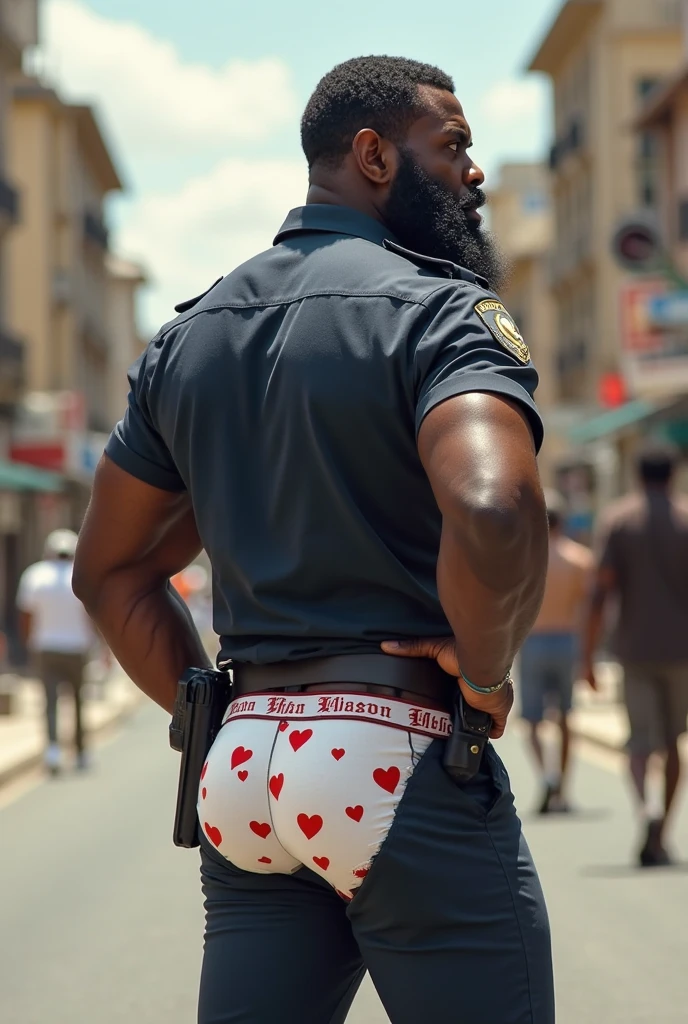 Make a very detailed picture of a shirtless male that is 6 feet 2 inches tall male twunk with big pecs, thicc ass, curvy figure, toned flat stomach, and back length curly black hair ties into a man bun showing off his thicc ass in tight female lace panties in public at pride parade