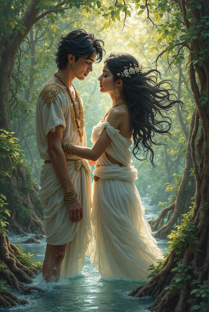 full lenght hiper Full body picture by the beautiful Kok River, a handsome young man with a tall, proportionate body, fair skin, long black hair tied loosely, wearing a green and gold loincloth, light green, gold, silver, gold, silk, hanging from a gold bracelet, standing at a distance, staring at a beautiful, sweet young woman in a light blue Thai dress, long black hair, wearing a small crown, with pink and orange lotus flowers around it, glowing and shimmering light, see all around, glowing, shimmering, beautiful, with a white and gold Thai naga, beautiful mountain and waterfall scene, 3D picture, oil painting, art picture by Ajarn Chalerm Chai