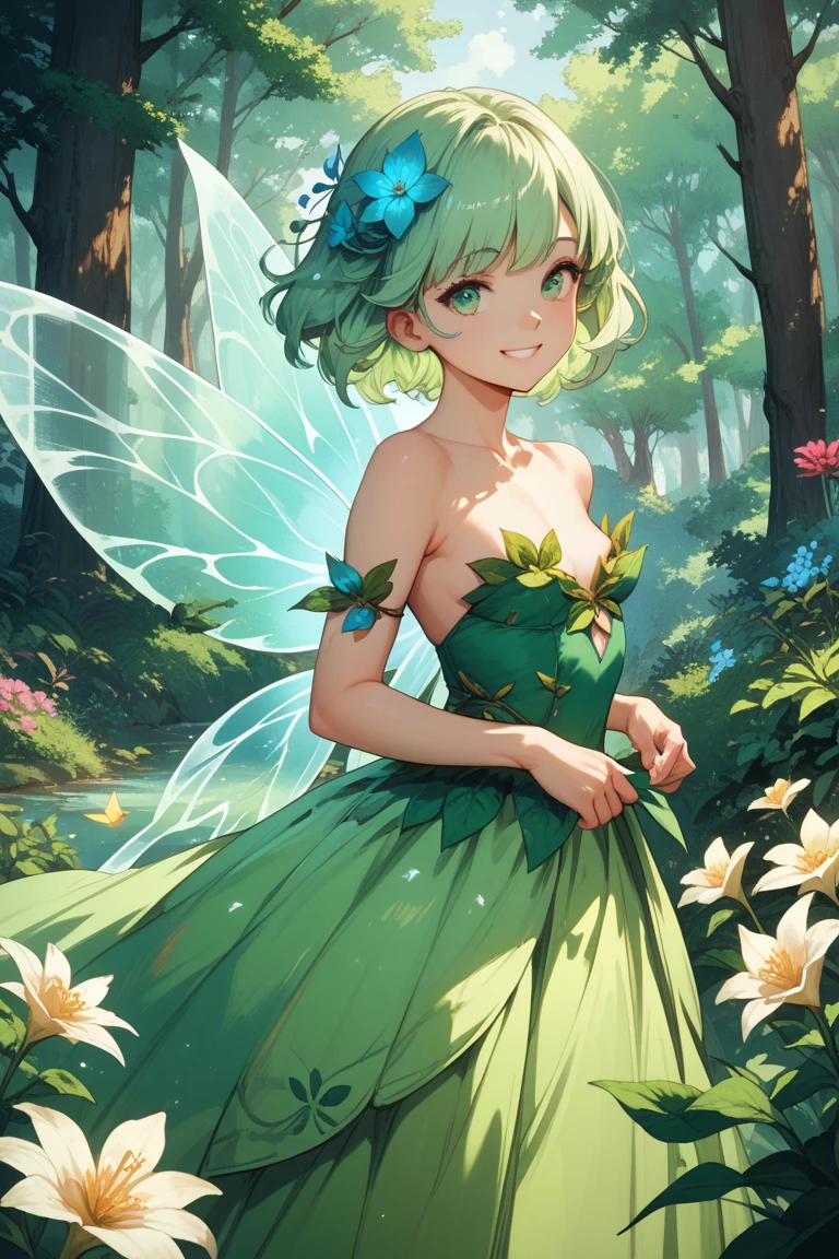 Female, fairy, fleshy horns, stubby horns, short messy hair, teal hair, pointed ears, flat chest, leaf united, leaf dress, fairy wings, large wings, violet eyes, mischievous smile, v fingers, slender, flying, medium shot, forest 