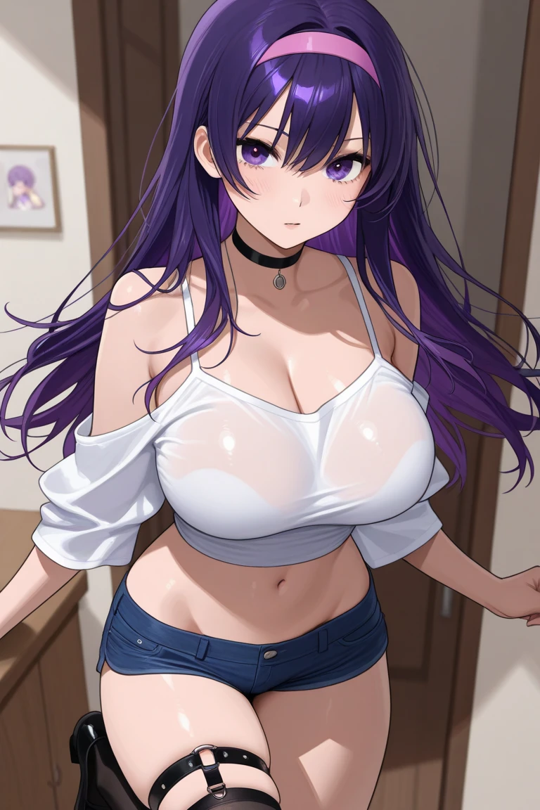 (masterpiece:1.3), (Highest quality), (High resolution), (Half Up:1.4),Beautiful Face,Beautiful body,Beautiful breasts,Beautiful Eyes,Beautiful Hair,Long Hair, (blunt bangs:1.4),Purple Hair, Blunt bangs, Purple eyes, (huge breasts:1.2), Leg spread,Sitting,(NSFW,Nude),(Top and bottom white lace underwear:1.4),Beautiful clavicle,Beautiful neck,arm behind head, Bedroom,(Top and bottom white lace underwear:1.4),Cowboy Shot,