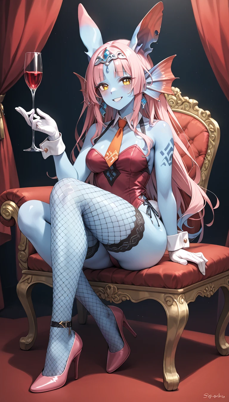 morrigan, Teal hair , by the wide , a white blouse , red leather pants , unbuttoned blouse showing her bare breasts, big breasts, lustful look, he has bat wings on his head, she is sitting on a throne in a castle, while drinking wine, wine spilled on their breasts, human ears, smiling. 