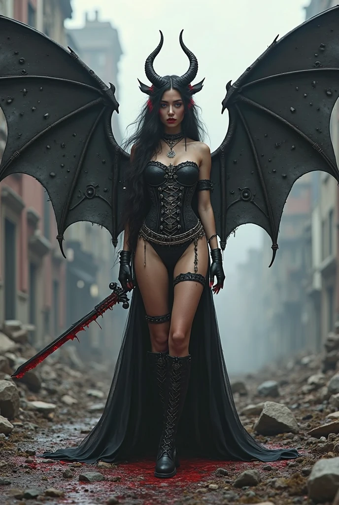 1 female demon, Japanese, Asian eyes, horned, ultra-detailed face and eyes, hyper-realistic, realistic depiction, 30 years old, wearing a long black dress, she is walking through hell, winged demons can be seen behind her, full body view