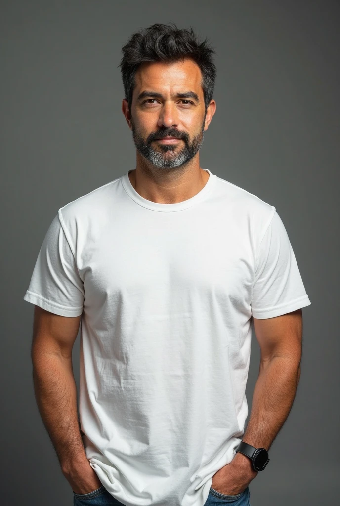 A man around 40 years old with a very sexy look he has short black hair, short beard, the color of his hair is black, he is wearing a full white t-shirt and a white pants, smiling