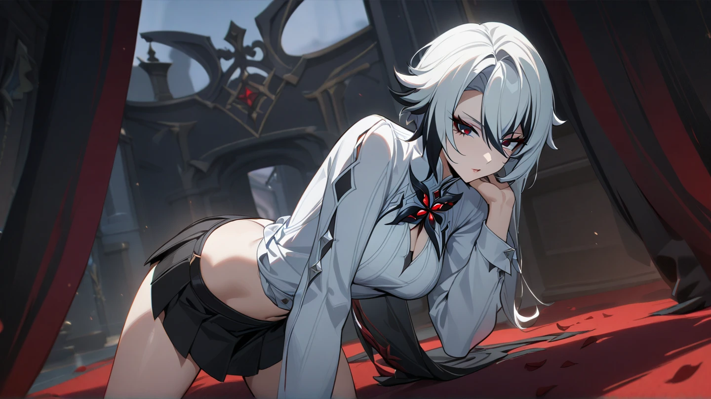 woman, in her twienties, short hair, proportional hands, Arlecchino anime eyes, perfect body, medium breasts, white dresssed, wearing black leggings, Ultra HD, 4k image, image of best quality, (fidelity: 1.4), photoreal, Red eyes, eyelashes, beautiful pupil, shadows, slight blush, delicate facial features, reasonable facial features, natural poses, 1 girl, standing, fully dressed, serious face