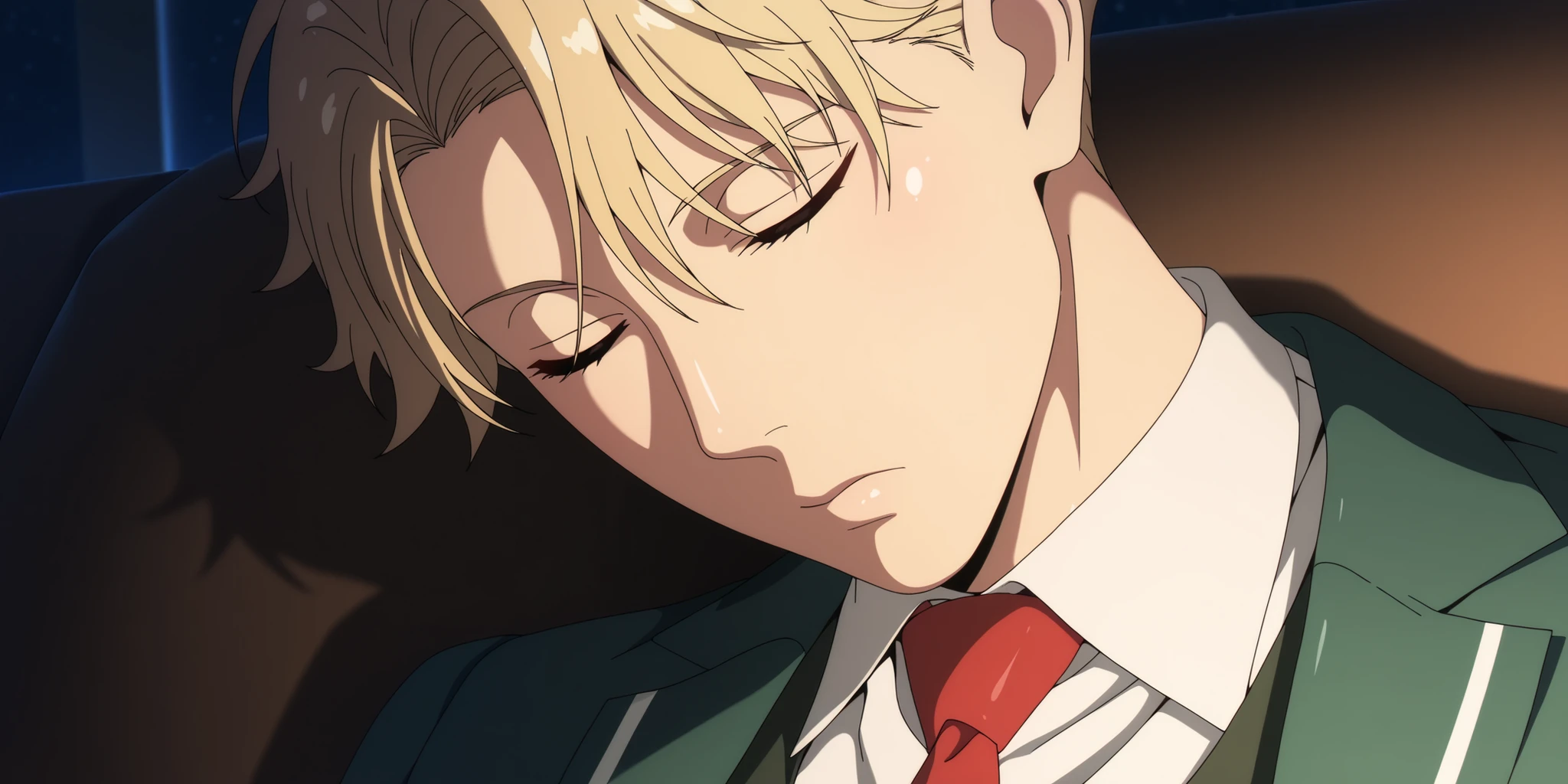 (best quality,4k,8k,highres,masterpiece:1.2),ultra-detailed,realistic,,anime,pastel colors,soft lighting,shiny skin, posing, night, warm ambiance
soufrie,,,,,,, , (1man) ,loid_forger, best eyes, white collared shirt, red necktie, dark green vest, green blazer, green pants
rezero_style, anime screencap,, ) ,
,,,,,, indoor, ,,, living room, , ,,, , , sleeping, close up , sit