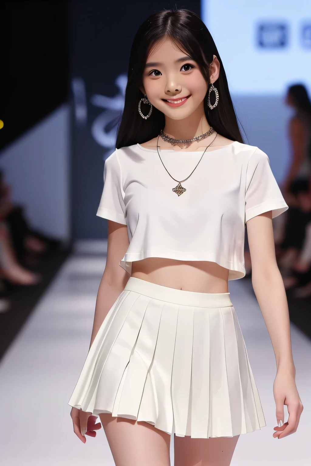 (8k, Top quality, Masterpiece:1.2), (Realistic, photo-realistic:1.37), Super detailed, perfect anatomy, cute, small eyes, fashion model outfit, 18-year-old, Japanese, walking the runway,