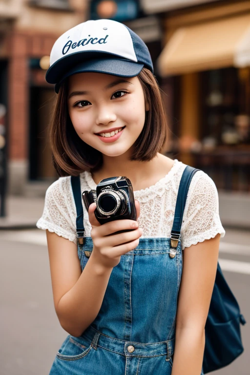 Blue-eyed straight black-haired girl in  taking a photo at the fair