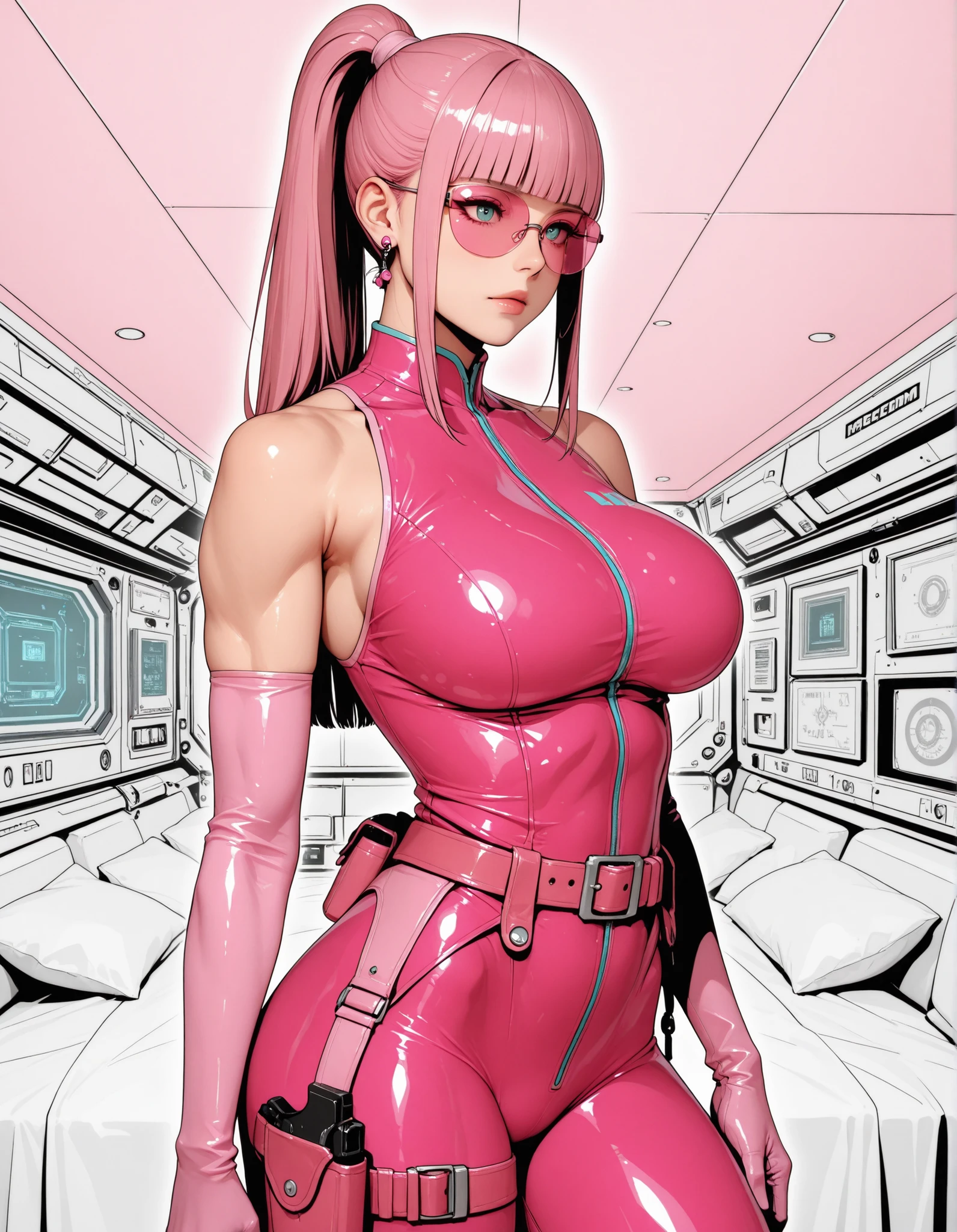 Top quality, 超高分辨率, (Photorealistic: 1.4), Jumpsuit, sci-fi spaceship interior background, airy sci-fi shining like fog, 8K, ...CGI, anime wife, Guviz, circuit plate mail, From below, Moles under the eyes, pink headphone, Big breasts, back arms, Realistic world, Outdoors, pink leather jacket, Closed mouth, Uneven twin tails, Gray hair, pink thigh, Naughty face,A look of disdain
